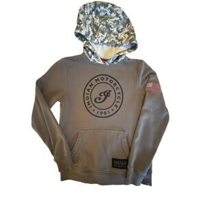 Indian Motorcycle Men’s Hoodie Small Brown Pullover Camo Hood USA Flag Patch